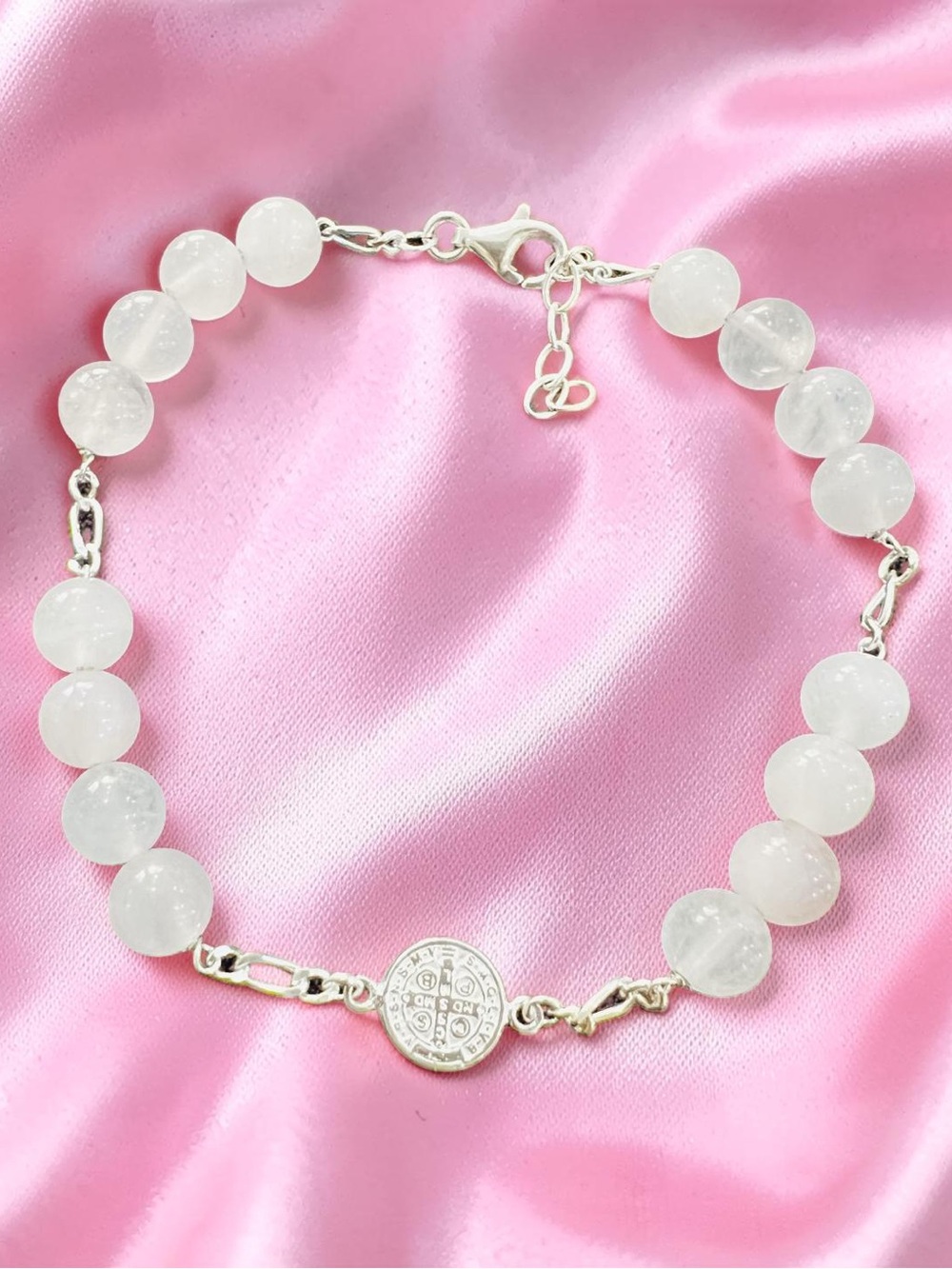 925 Sterling Silver Rose Quartz Beaded with Saint Benedict Medallion